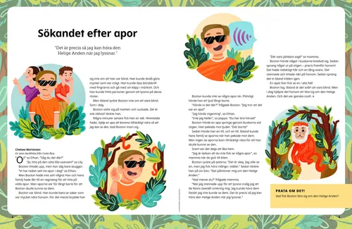 Pdf-sida med en pojke i mörka glasögon som lyssnar efter apor i en djungelmiljö.