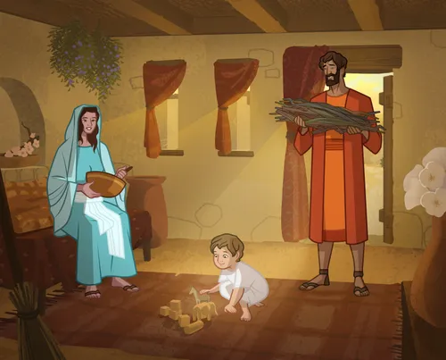 Joseph, Mary, and Jesus at home.