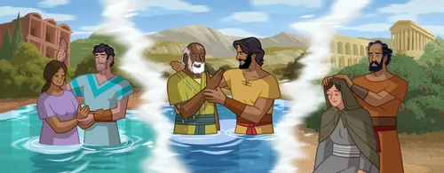 Paul and other Apostles baptizing and confirming new Church members.