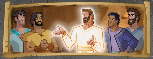 The resurrected Jesus talking with His Apostles.
