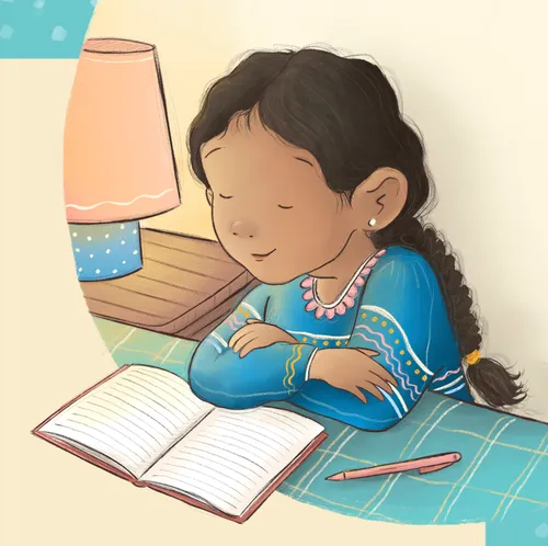 A girl kneeling by her bed to pray, with a journal and pencil on the bed