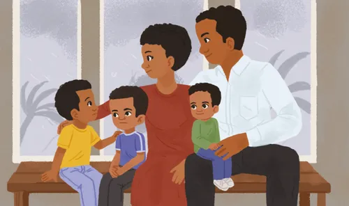 Family sitting on a bench looking out a window at blowing trees