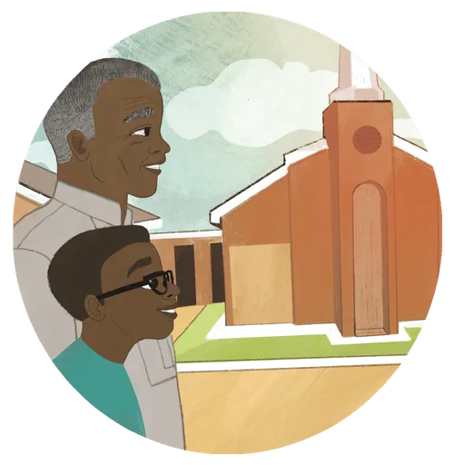 Boy and his grandpa outside a church building