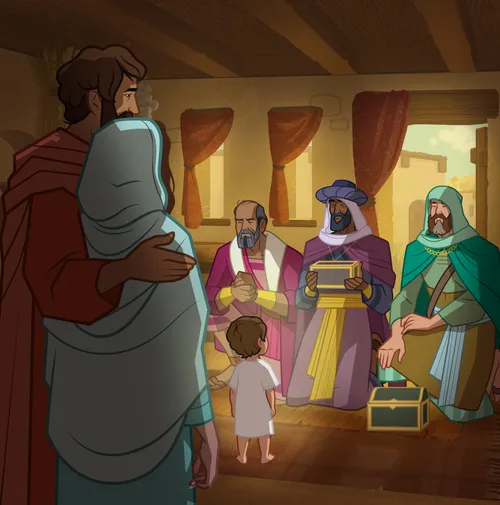 The wise men worshipping the baby Jesus.