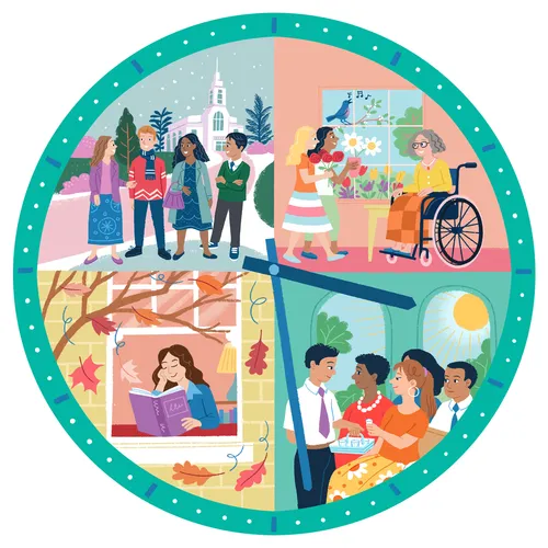 images of youth doing various activities, inside a clock