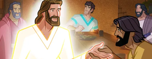 One of the Apostles touches Jesus’s hand.