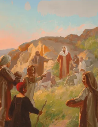 Málverk með listaverki af Jesú Kristi að kenna er börn ganga til hans