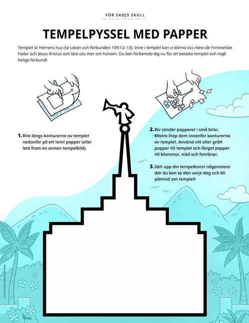 Pdf med konturen av ett tempel och instruktioner för hur man gör tempelkonst med rivet papper.