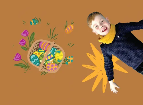 Smiling boy and an illustration of an Easter basket