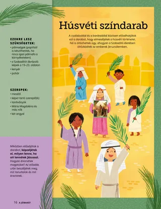 oldal PDF-változata bibliai öltözetet viselő és pálmaágat tartó gyermekek rajzával