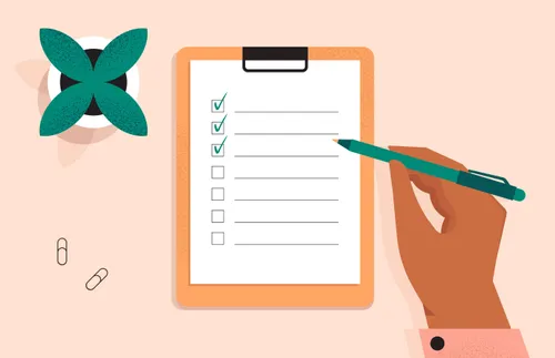 an illustration of a hand holding a pen and checking things off a list