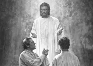 John the Baptist restoring the Aaronic Priesthood to Joseph Smith and Oliver Cowdery.