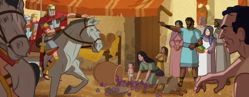 People arguing with a Roman soldier, who has knocked over some fruit.