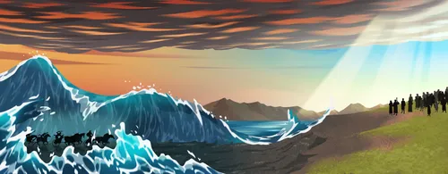 Ilustração do Mar Vermelho se fechando em cima do exército egípcio