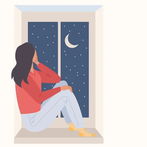 an illustration of a woman sitting by a window and looking out at the night sky