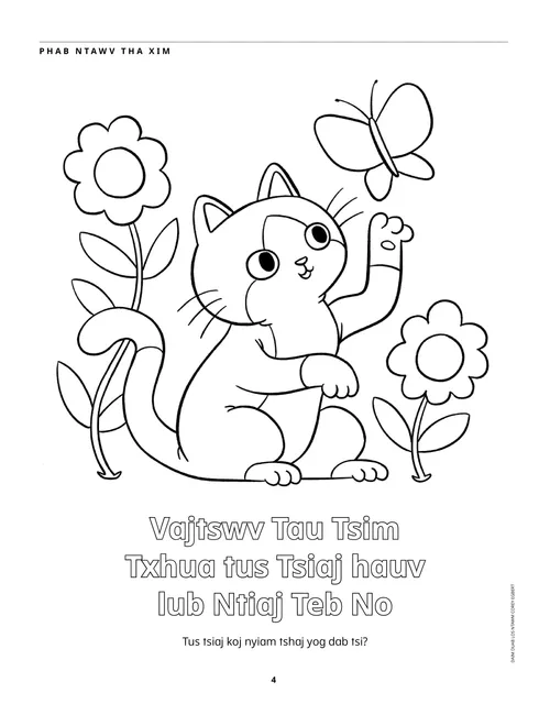 Phab ntawv tha xim txog ib tug miv, npuj npaim, thiab paj Page PDF