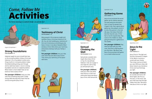 Spread with illustrations of children doing different home evening activities