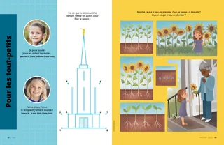 Page au format PDF avec une activité de points à relier pour dessiner le temple et des images montrant les différents stades de la croissance d’un tournesol