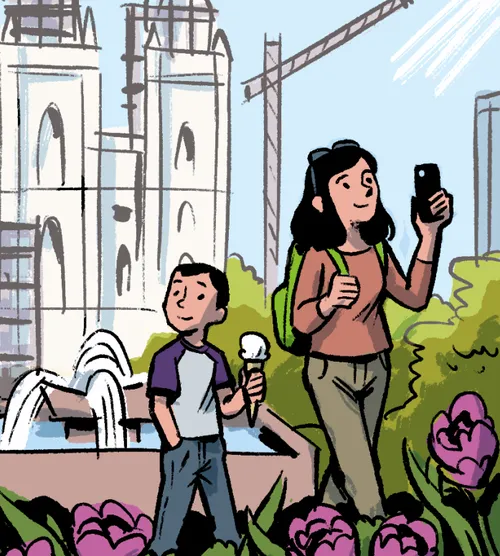 Illustration of boy happily walking around temple square with an ice cream cone while his mom takes photos on her phone