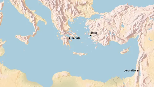 mapa del Mediterráneo con Corinto, Éfeso y Jerusalén señaladas