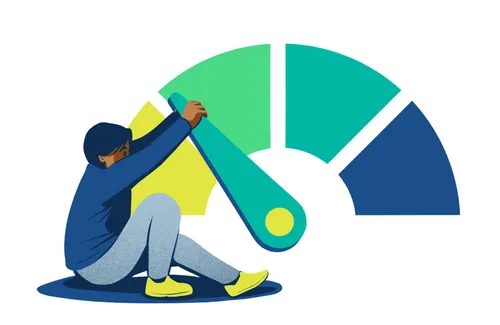 young man trying to hold back the needle of an oversize scale