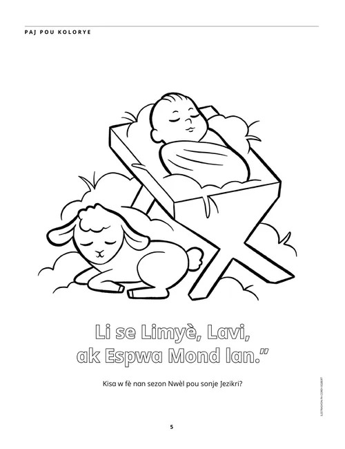 Paj kolorye PDF sou ti bebe Jezi nan krèch la ak yon ti mouton