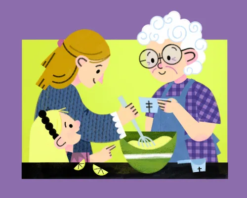 Illustration of mom and little girl helping grandma mix ingredients in a bowl
