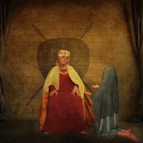 man sitting on throne and woman kneeling in front of him