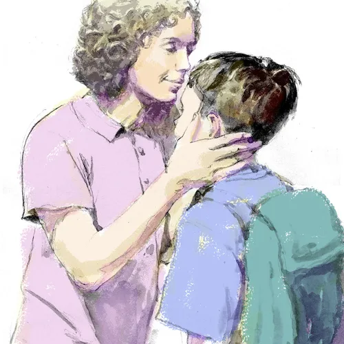 illustration of a woman kissing her son