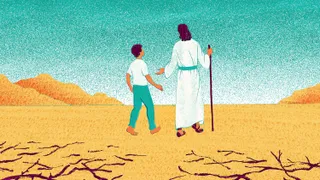 A young man walks with the good shepherd, Jesus, away from the thorns that had held him bound.