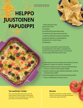 PDF-sivu, jossa on kulhollinen tortillalastuja, pannullinen papudippiä ja tomaatteja