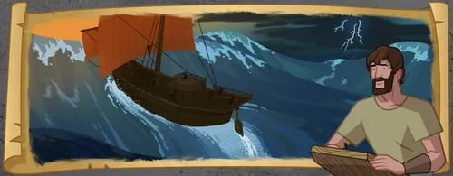 A ship in a storm, being steered with a small rudder.