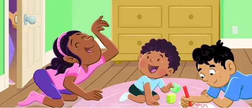 Margo raising her arm like an elephant trunk, Lucas is playing with blocks and laughing, Paolo is drawing