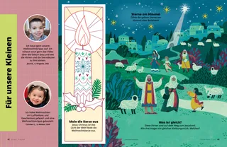 Artikel (PDF) mit einer Kerze zum Ausmalen, einer Aktivität zum Zählen und einer Aktivität mit den Hirten in Betlehem