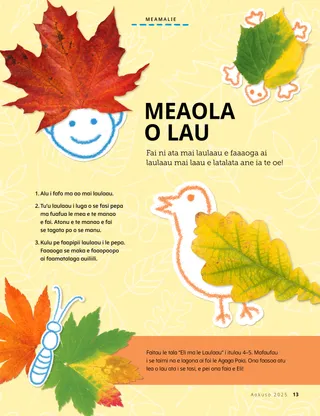 Itulau PDF o le gaoioiga o le faia o laulaau o loo faaalia ai se pepe lele, manulele, laumei, ma foliga ataata