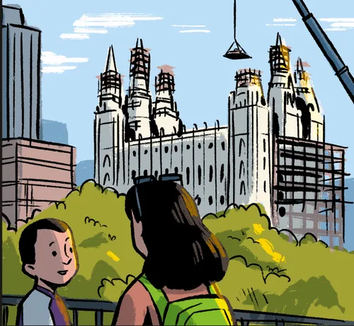 Illustration of boy and mom looming at the construction work on the Salt Lake Temple