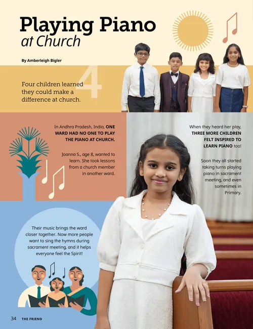 Page PDF with photos of smiling children and a boy sitting at a piano