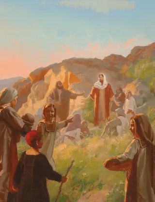 Mākslas darbs, kurā attēlots Jēzus Kristus, mācot bērnus, kuri nāk pie Viņa