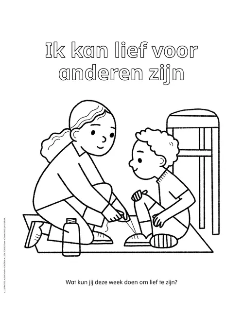 Pdf met kleurplaat van een meisje dat veters voor een jongen strikt
