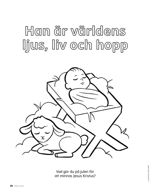 Färgläggnings-pdf med Jesusbarnet i en krubba och ett lamm som ligger bredvid.