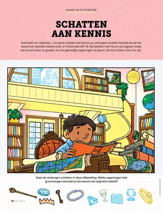 Pdf met een zoekactiviteit van een jongen die in een bibliotheek een boek leest