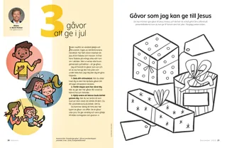 Pdf-sida som visar en färgläggningsaktivitet med julklappar.