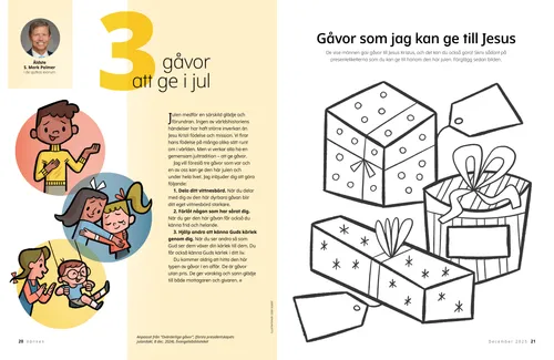 Pdf med illustrationer av barn som är snälla; plus en aktivitet för att färglägga julklappar.