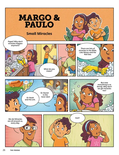 Page PDF of comic-style of Margo and Paulo washing dishes and talking with their dad