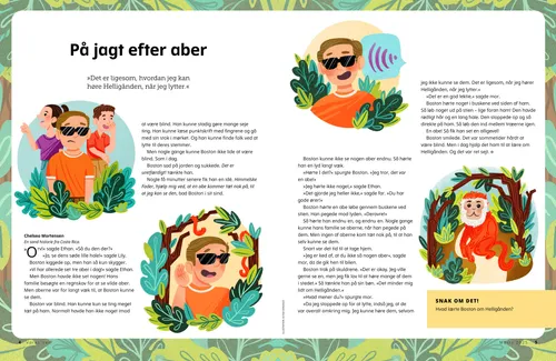 PDF-side af en dreng med mørke briller, der lytter efter aber i et junglemiljø