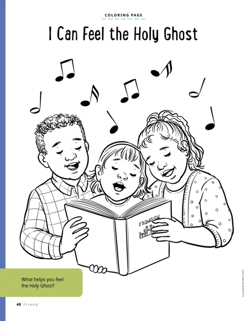 Coloring page of children holding a hymnbook and singing