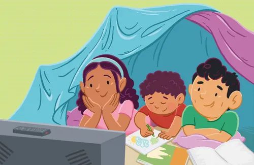 Margo, Paolo, and their younger brother watch a TV