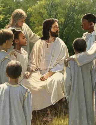 Jesus Christ with children around Him, sitting outside in grass and trees