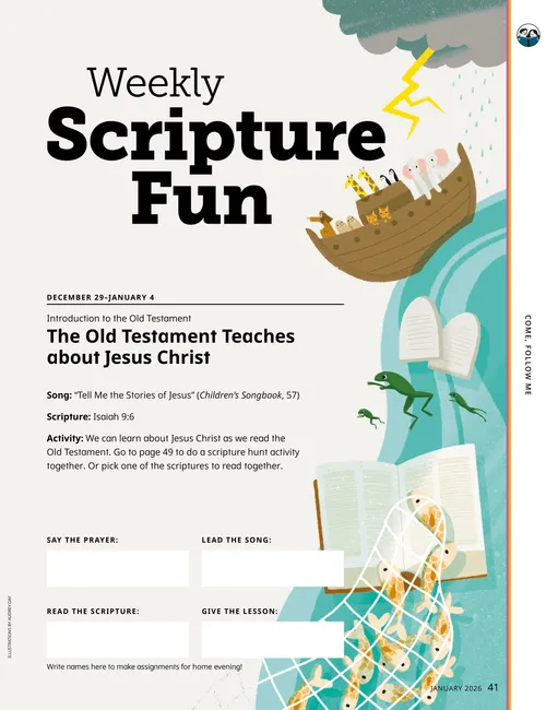 Page PDF with illustrations of Noah’s Ark, the Ten Commandments tablets, frogs, scriptures, and fish in a net