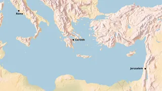 map of the Mediterranean with Rome, Corinth, and Jerusalem labeled